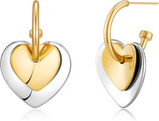Gold and Silver Heart Hoop Earrings Two Tone Heart Drop Earrings for Women 14K G