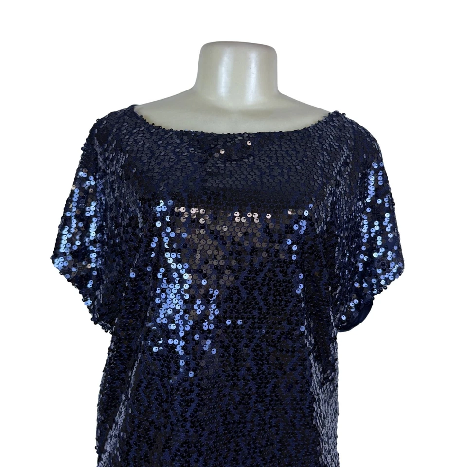 Impresionante blusa de fiesta Jennifer Lopez para mujer azul marino lentejuelas poliéster talla M Foto 4 de 4