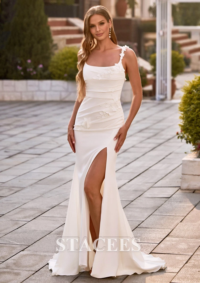 white beaded dress long A Line Corset Lace Wedding with each bead meticulously threaded and sewn by hand White Beaded Spaghetti Strap Column