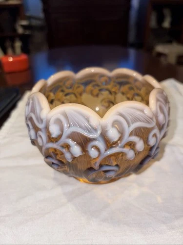 Fenton Amber Cameo Opalescent Lily of the Valley Rose Bowl 4" Tall Art Glass