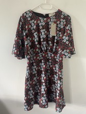 Coast Red Ditsy Floral Cape Sleeve Dress Size 14 NEW Summer Casual Women Floaty