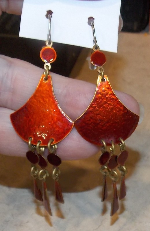 Vintage Ethnic Red Rust Enamel Copper Dangle Earrings Unsigned Jewelry