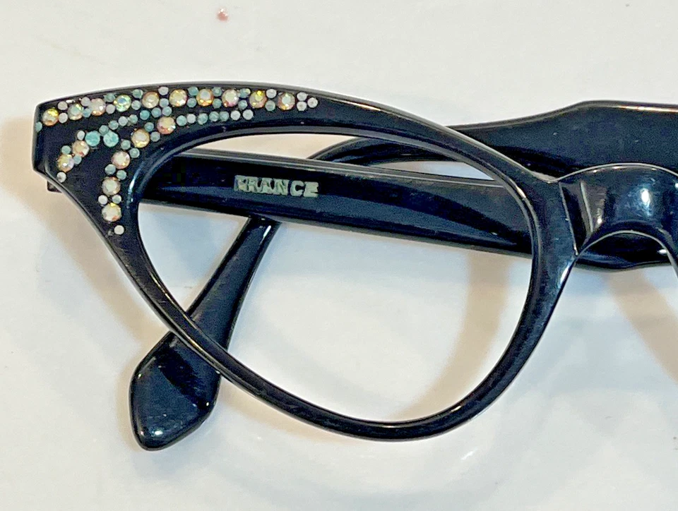 Vintage Woman's Eyeglass Black Oval France many Rhinestones 46 x 18 - Image 2 of 4