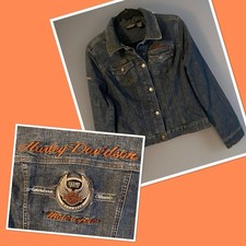 HARLEY DAVIDSON 105 Year Embroidered Denim Jean Jacket w/ Stud Trim Women Sz M