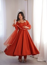 Women Orange Anarkali Gown Set Chanderi Silk Party Wear Dress Dupatta Palazzo