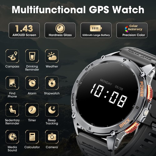 Militär Smartwatch für Herren mit GPS, 1,43" AMOLED Bluetooth Anruf Smartwatch... - Bild 7 von 7