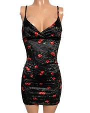 Y2K V NECK CHERRY PRINTED VELour MINI DRESS pin up party date event adj straps