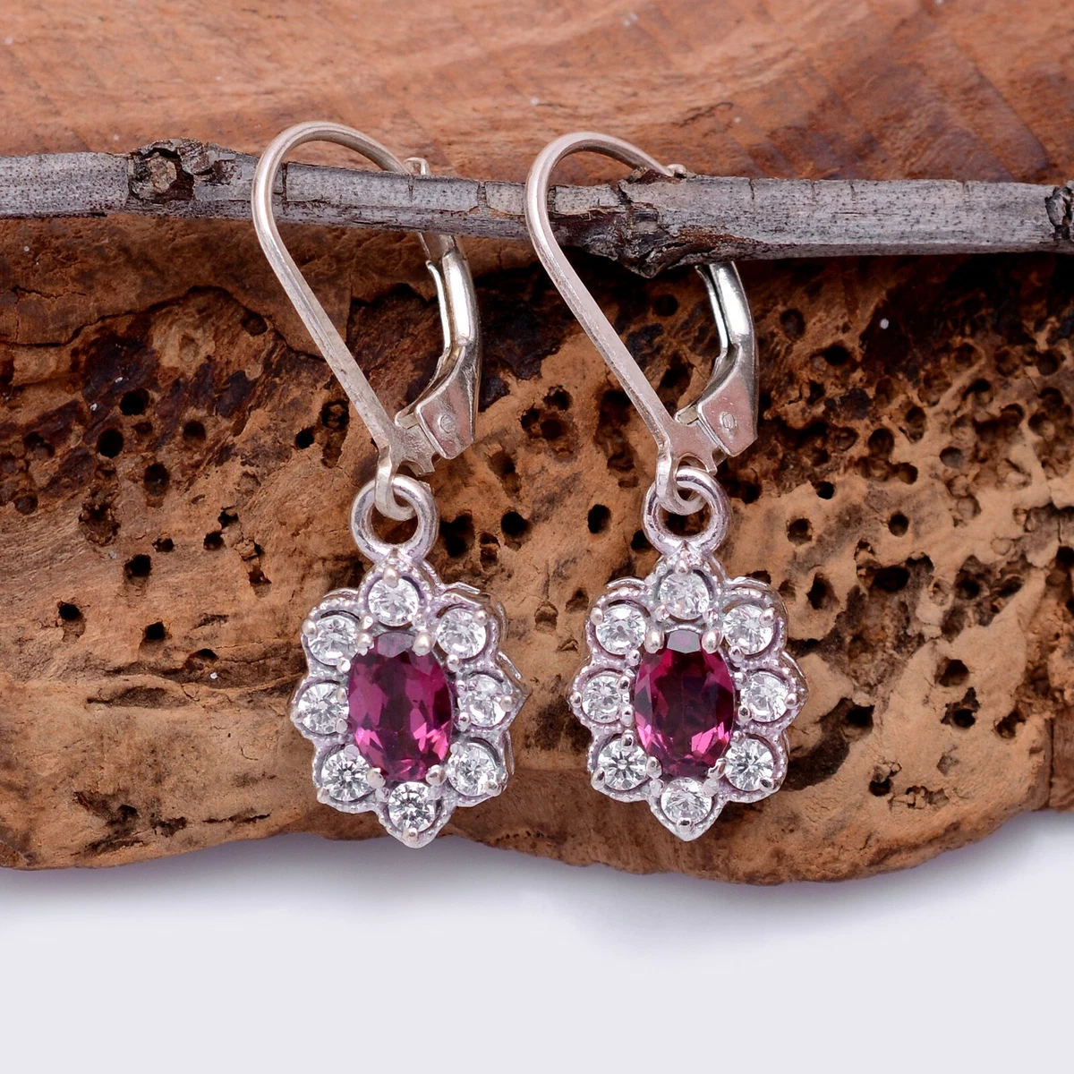 Natural Rhodolite Garnet Flower Earrings Pair Sterling Silver
