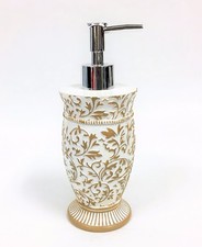 NEW OFF WHITE+GOLD TRIM FLORAL ROUND BATHROOM SOAP+LOTION DISPENSER