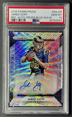 JARED GOFF 2016 PANINI PRIZM BLUE WAVE ROOKIE GEM #1 RC AUTO /149 PSA 10