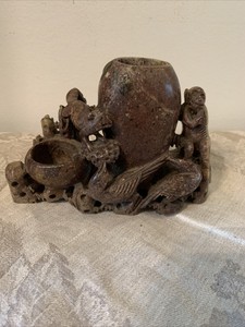 Antique Chinese Soapstone Carved Figural Brush Pot Monkey/ Fox And Birds Carving