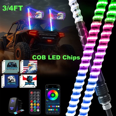 2pcs 3/4FT LED Whip Lights COB Chips RGB+IC Chase APP Control For ATV UTV Can-Am