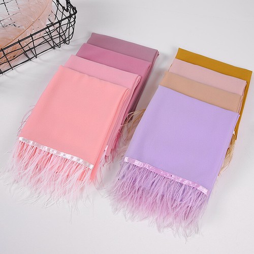 Women Chiffon Hijab Scarf Plain Feather Tassel Scarves Turban Shawls and Wraps - Picture 4 of 37