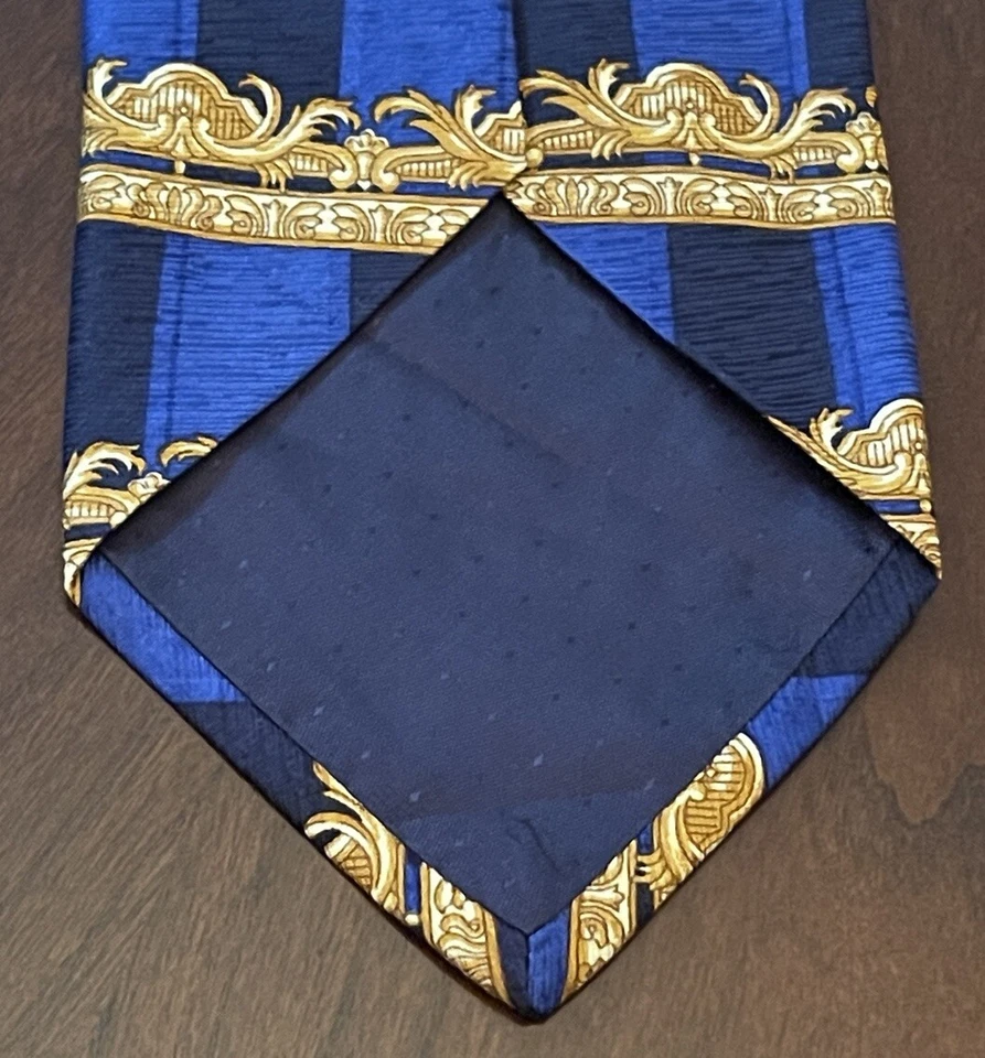 Corbata de cuello vintage Fratelli azul dorado hecha a mano 100 % seda para hombre hecha en Italia Foto 2 de 4