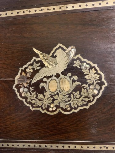SALE! Antique Rosewood Writing Box Travel Lap Desk Wood Brass Mother Pearl Inlay - Picture 5 of 19