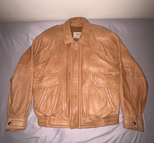Vtg 90s Georgetown Leather Design Bomber Jacket Mens Large Tan Brown YKK Heavy - product listing photo