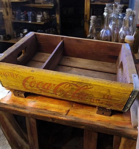 Vintage Antique drink Coca-Cola Yellow Wooden Case Box 24 Bottle Coke Crate