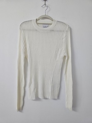 Fig & Basil Shimmer Ribbed Knit Top Womens UK18 White Sheer Long Sleeve