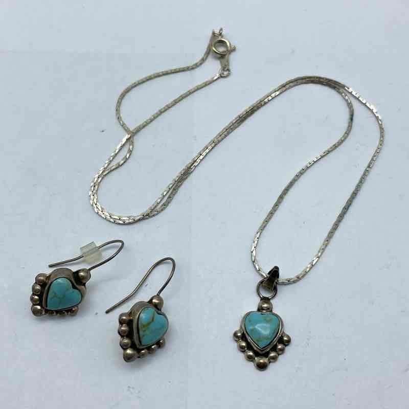 925 Mexican Silver Turquoise Heart Necklace and Earrings Jewelry Set 17"