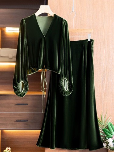 2 Piece Retro Womens Velvet Shirt And Elastic Loose Skirt Loose Outfits New - Picture 8 of 14