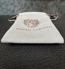 David Yurman Sterling Silver Petite Wheaton Ring Morganite Pave Diamonds Size 6