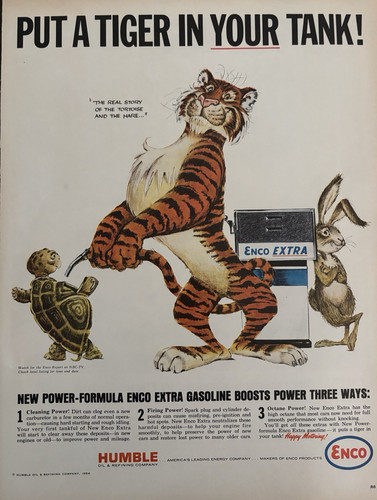 Humble Oil Refining Enco Co Tiger Tank Power Three Ways Boosts VTG Print Ad 1964