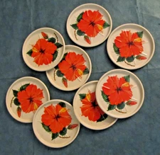Vintage 1950's red Hibiscus flower tin coaster