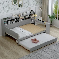 Wooden Full Size Daybed with Storage Shelves, Multi-functional Bed with Twin Siz