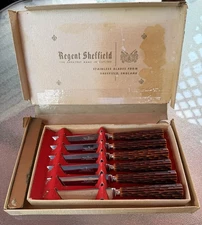 Westall Richardson Set 6 Steak Knives Stainless England Bakelite Rustic Handles