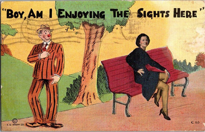 ''Boy Am I Enjoying The Sights Here'' Man Admiring Woman On Bench 1941 Postcard