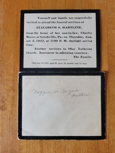 Boyertown/Greshville/Oley Funeral Card Elizabeth S. Hartline 1922 With Envelope