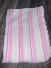 Vtg Circo Pink Green Yellow Stripe Striped Microfleece Fleece Baby Girl Blanket