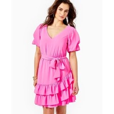 Lilly Pulitzer Martha Pink Stretch Ruffle Midi Short Sleeve Dress EUC Size 10