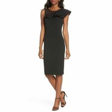 ELIZA J ASYMMETRICAL RUFFLE NECK CREPE SHEATH BLACK DRESS sz 12P