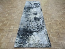 3'1 x 10'1 Runner Hand Knotted Gray Modern Abstract Oriental Rug With Silk G9204