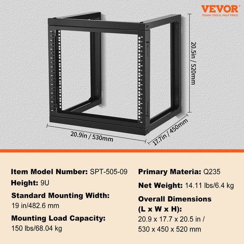 VEVOR Rack de Serveur Réseau à Cadre Ouvert 9U à Montage Mural 68,04 kg Noir - Photo 7/12