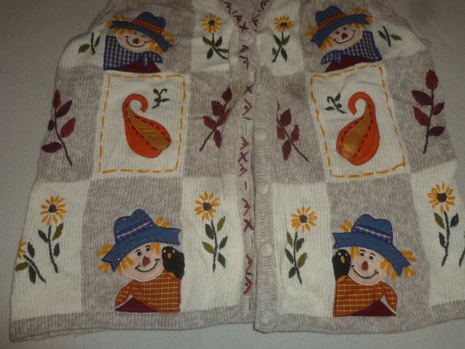 BOBBIE BROOKS UGLY SWEATER VEST SZ  18/20 W SCARECROWS HALLOWEEN FALL SQUASH  - Image 2 of 4