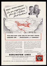 1946 Burlington Lines USA railroad system map vintage print ad