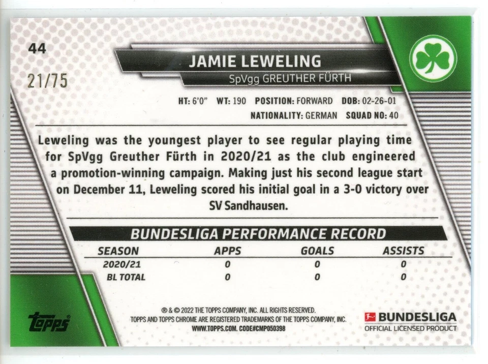 2021-22 Topps Chrome Sapphire Bundesliga Green 44 Jamie Leweling RC/75 - Image 2 of 2