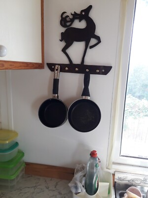 deer, rustic kitchen pot and pan rack handmade from wood brown