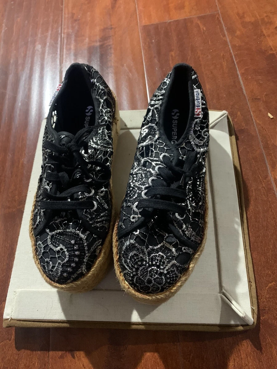Superga Macram Metallic black silver lace Platform Sneakers w7.5 38 Read
