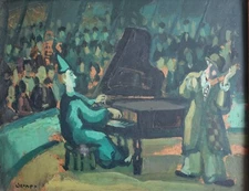 Jerner, expressionistic Oil painting on board, musical performance mid century
