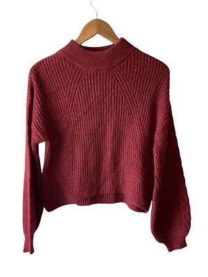 BP Size 1X Dark Red Mock Neck Puff Sleeve Boxy Cable Knit Seater