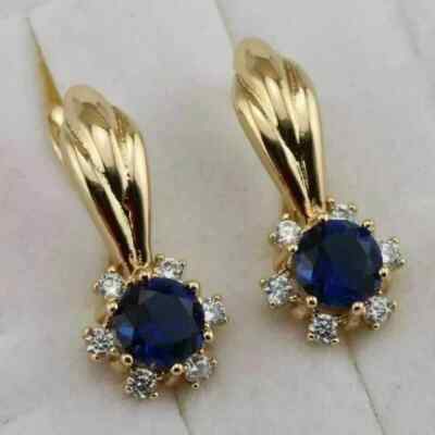 Lab-Created Sapphire Round Cut Huggie Hoop Earrings Women's Yellow Gold Plated