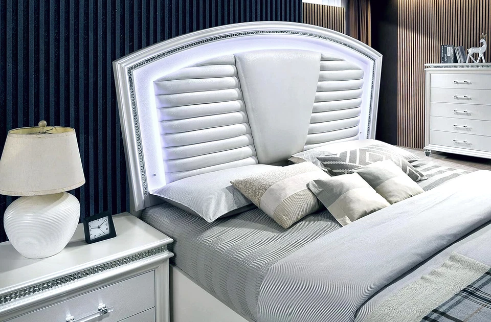 NEW 5PC Modern LED Queen King Bedroom Pearl White Furniture Set Bed/D/M/N/C - Image 3 of 4