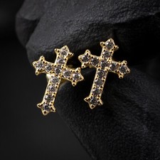 Small Yellow Gold Plated Men's Iced Cross Stud Screw Back Earrings