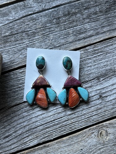 Navajo 925 Sterling Silver Multi Stone Cluster Earrings Marcella James - Picture 11 of 12