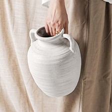 Large White Ceramic Vase - 9.5 Inch Rustic Farmhouse Flower Vase with Handles...