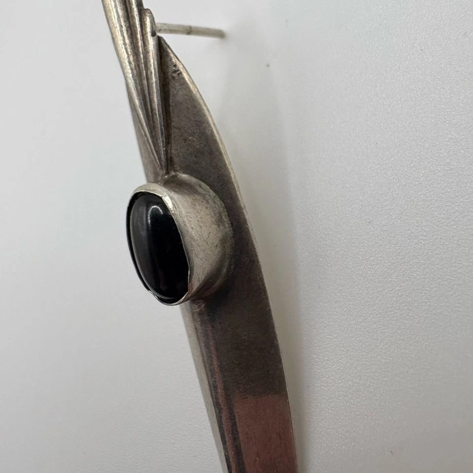 Pendiente de ónix de plata de ley vintage - diseño geométrico largo - marcado 925 Foto 2 de 4