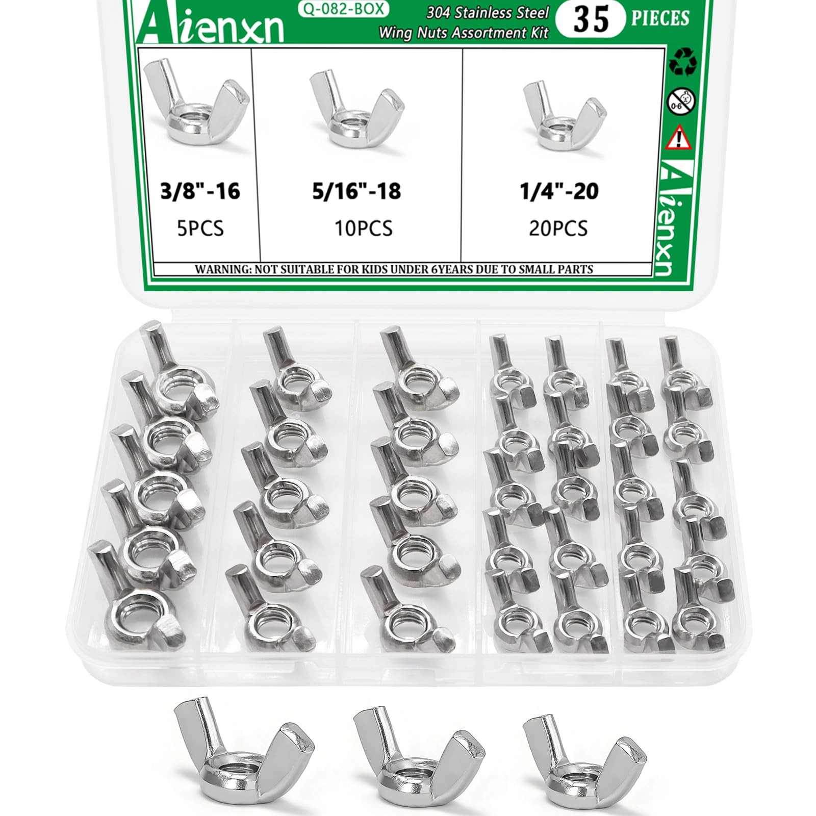 Aienxn 35PCS SAE Sizes Wing Nuts Assortment Kit, 304 Stainless Steel 1/4"-20,...